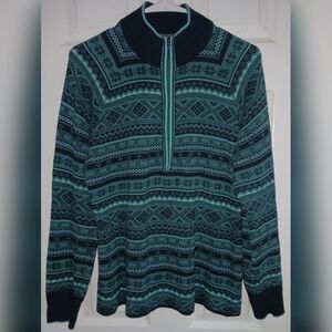 Eddie Bauer Fair Isle Engage Nordic 1/4 Zip Pullover Sweater Size M Blue Green